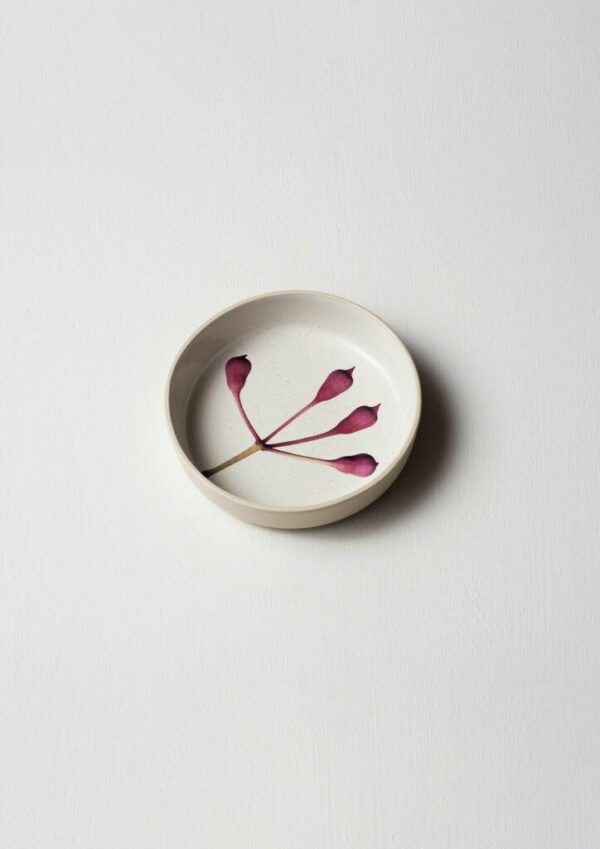 Angus & Celeste Pink Eucalyptus Side Bowl – 17 cm speckled-milky glaze with botanical print.