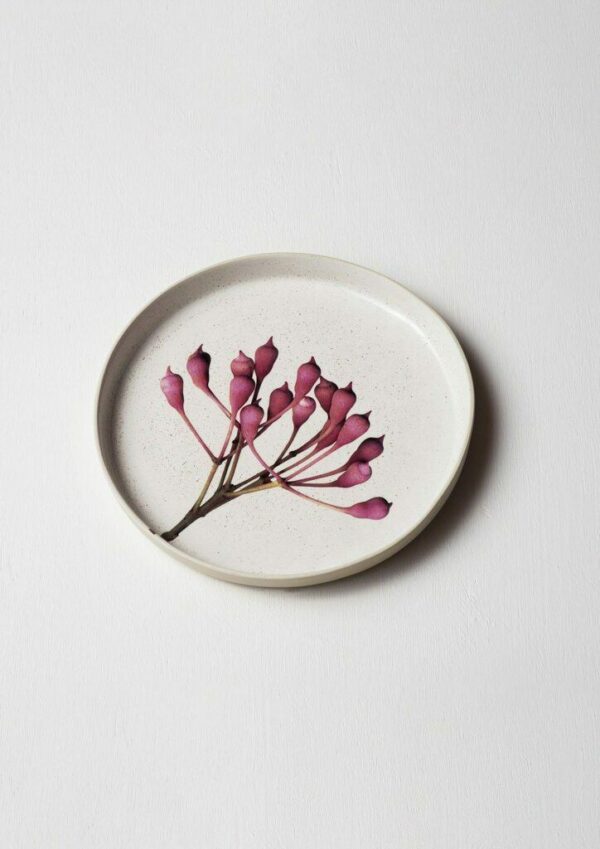 Angus & Celeste Australian Botanicals Pink Eucalyptus Dinner Plate – 25 cm stoneware with delicate gum floral print.