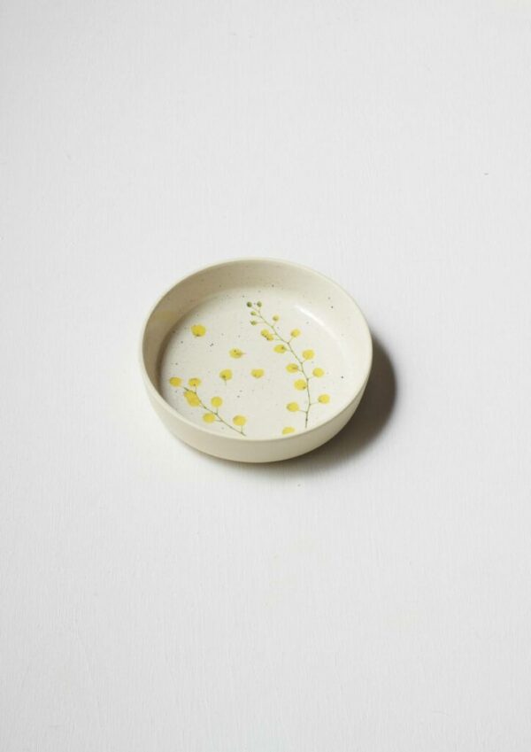 Angus & Celeste Fairy Wattle Side Bowl – 17 cm speckled-milky glaze with botanical print.