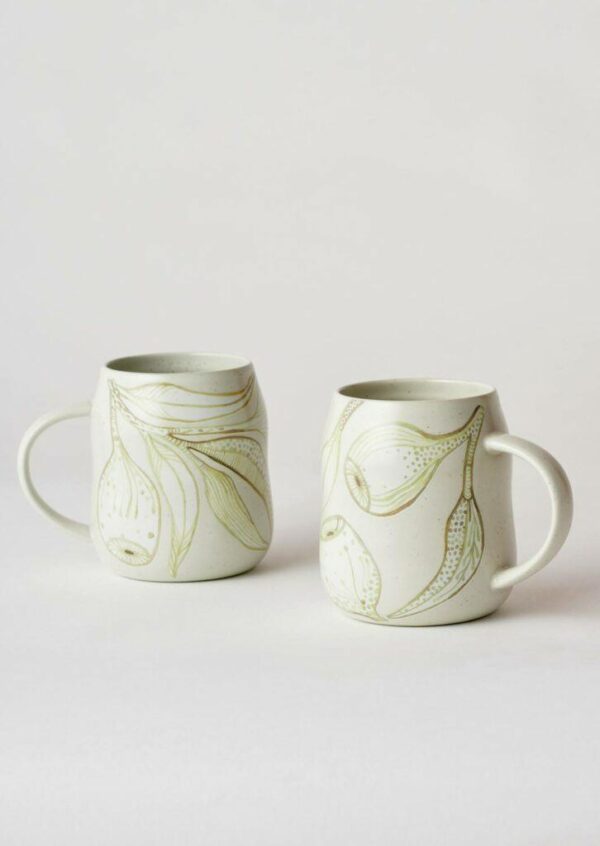 Angus & Celeste Everyday Mug Set – two stoneware mugs with a Eucalyptus design and beehive shape.