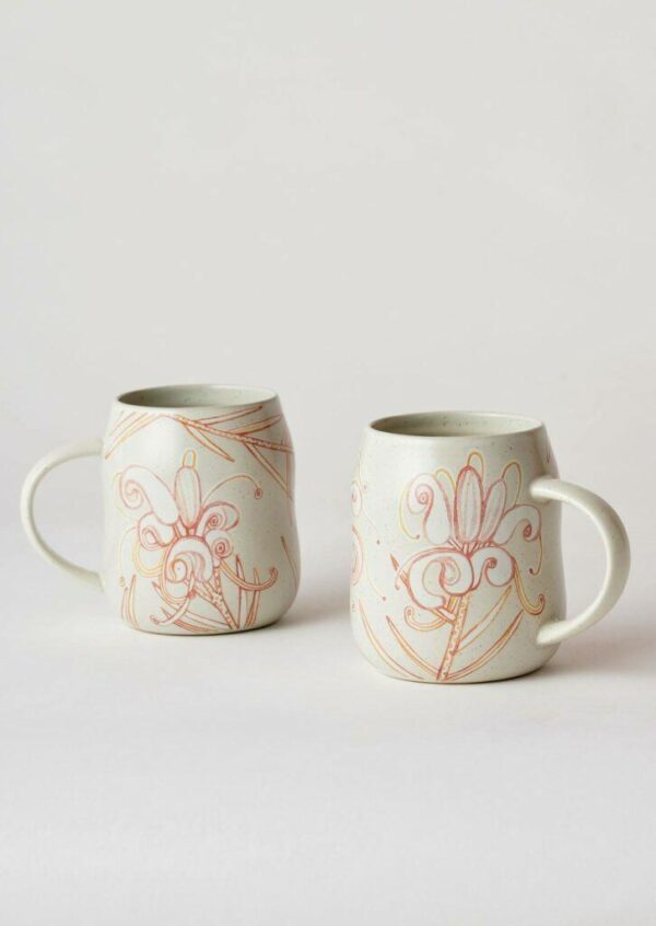 Angus & Celeste Everyday Mug Set – two stoneware mugs with a Grevillea design and beehive shape.