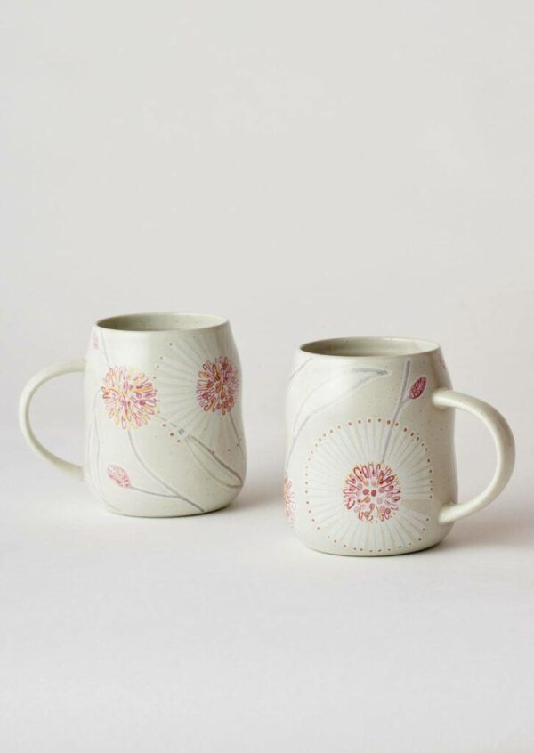 Angus & Celeste Everyday Mug Set – two stoneware mugs with a Hakea design and beehive shape.