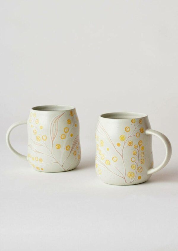 Angus & Celeste Everyday Mug Set – two stoneware mugs with a Wattle design and beehive shape.