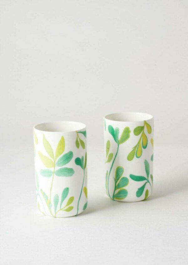 Angus & Celeste ceramic tumbler set – two porcelain cups with Green Zamia designs.