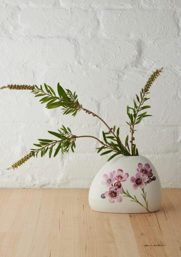 Angus & Celeste Macro Botanics Vase with Geralton Wax print and speckled glaze, perfect for single stems.