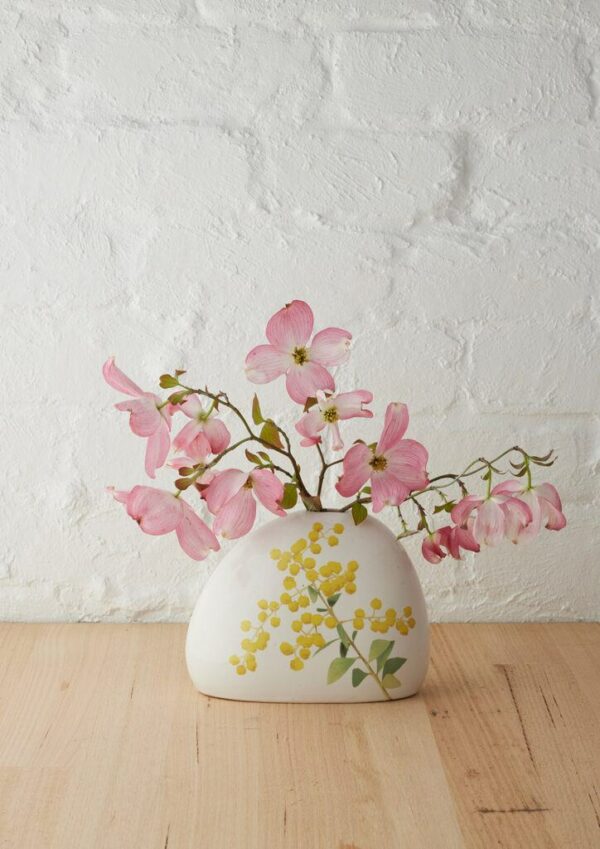 Angus & Celeste Macro Botanics Vase with Golden Glow Wattle print and speckled glaze, perfect for single stems.