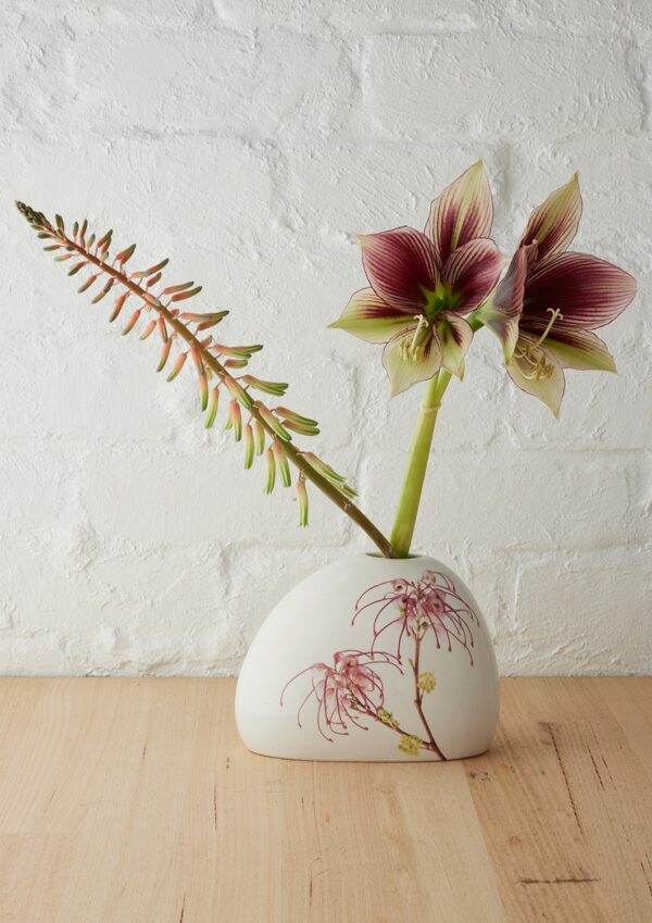 Angus & Celeste Macro Botanics Vase with Grevillea Elegance print and speckled glaze, perfect for single stems.