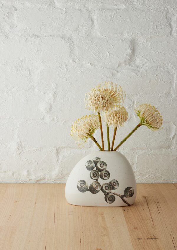 Angus & Celeste Macro Botanics Vase with Gum Nut Star print and speckled glaze, perfect for single stems.
