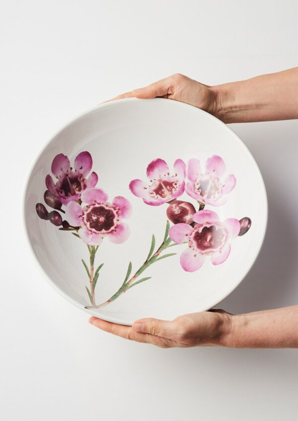 Macro Botanics ceramic bowl and vase set with Geraldton Wax patterns by Angus & Celeste.