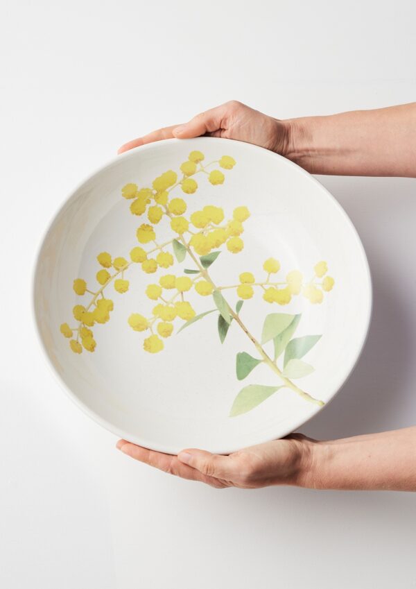 Macro Botanics ceramic bowl and vase set with Golden Glow Wattle patterns by Angus & Celeste.