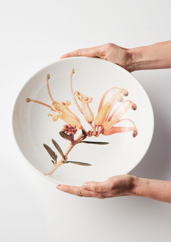 Macro Botanics ceramic bowl and vase set with Grevillia Apricot Charm patterns by Angus & Celeste.