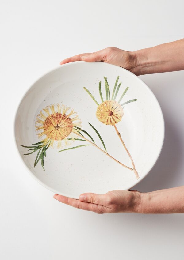 Macro Botanics ceramic bowl and vase set with Hairpin Banksia patterns by Angus & Celeste.