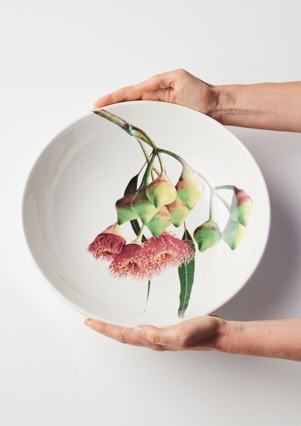 Macro Botanics ceramic bowl and vase set with Silver Princess Gum patterns by Angus & Celeste.