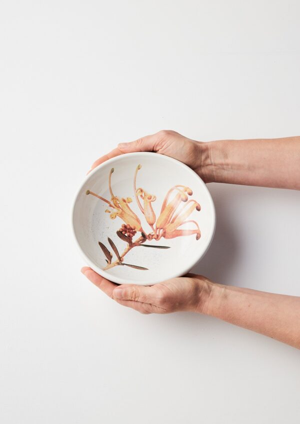 Macro Botanics ceramic bowl and vase set with Grevillia Apricot Charm pattern by Angus & Celeste.