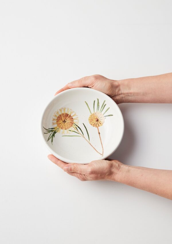 Macro Botanics ceramic bowl and vase set with Hairpin Banksia pattern by Angus & Celeste.
