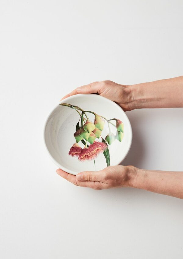 Macro Botanics ceramic bowl and vase set with Silver Princess Gum pattern by Angus & Celeste.