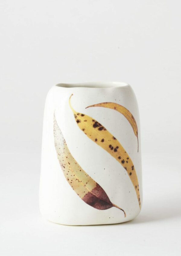 Angus & Celeste Pebble Vase with Fallen Gum print and speckle glaze.