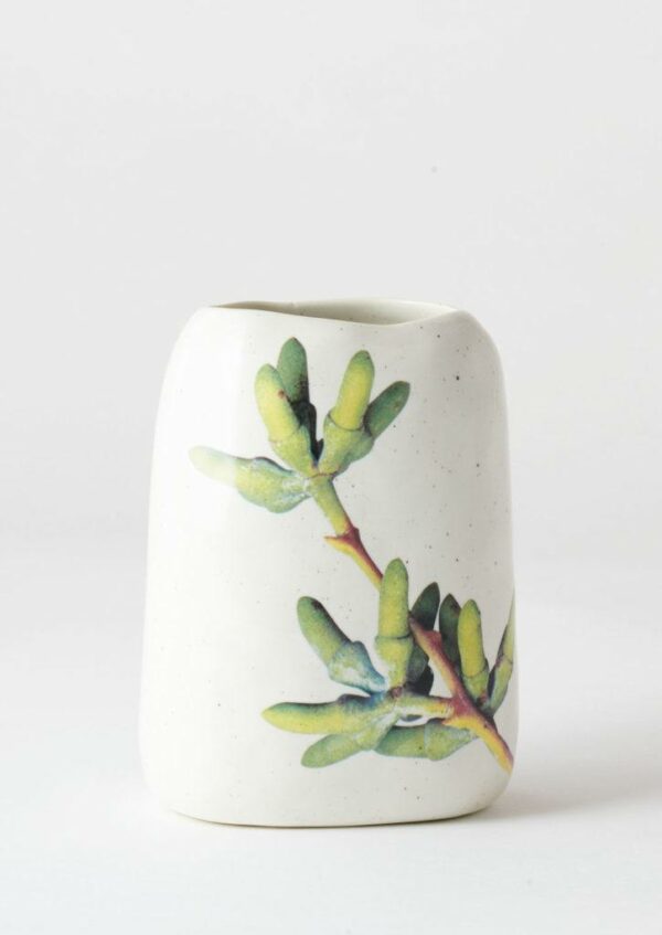 Angus & Celeste Pebble Vase with Green Eucalyptus Buds print and speckle glaze.