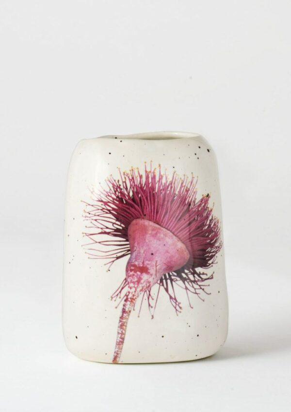 Angus & Celeste Pebble Vase with Gum Blossom print and speckle glaze.