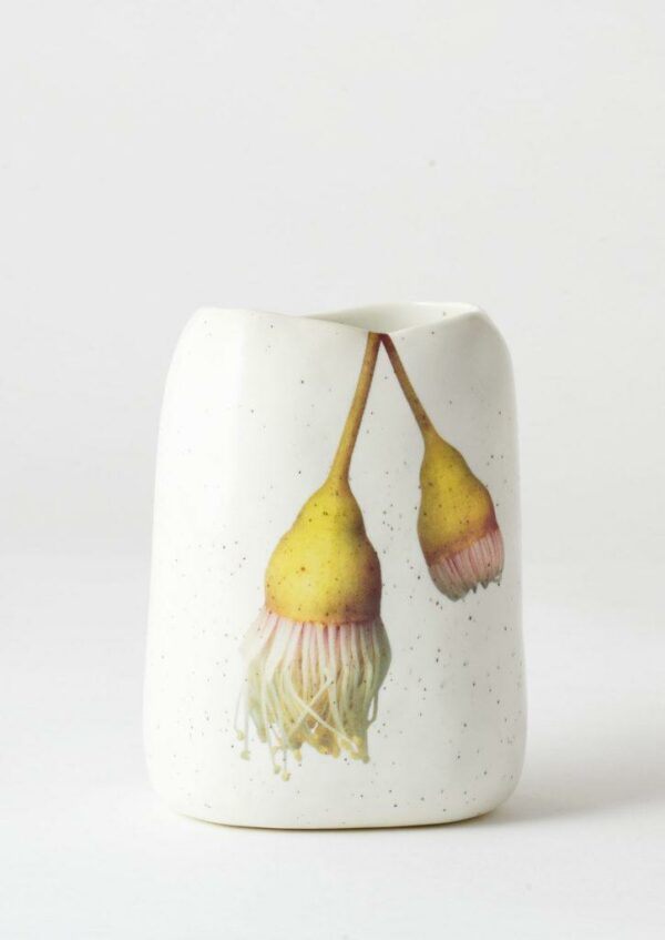 Angus & Celeste Pebble Vase with Hanging Yellow Gum print and speckle glaze.