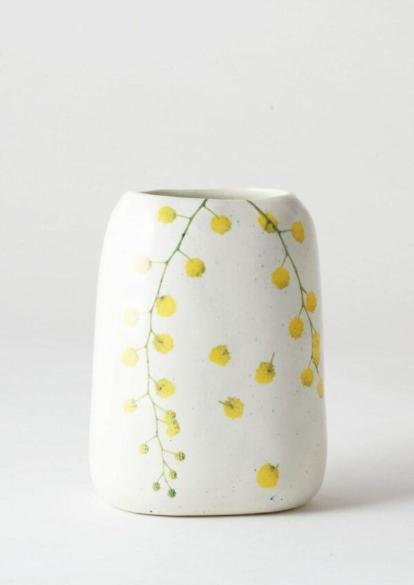 Angus & Celeste Pebble Vase with Wattle Sprigs print and speckle glaze.