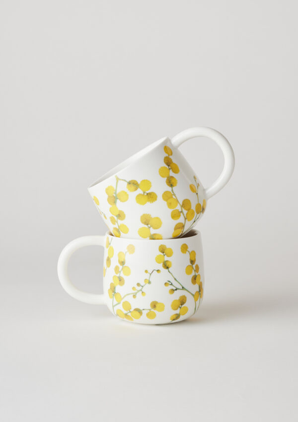 Angus & Celeste Wattle Blossom Sunny Day Mug Set – two 340 ml porcelain mugs with botanical design.