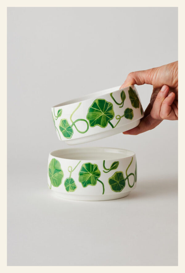 Sunny Day Stackable Bowl Set with Green Nasturtium – high-fired porcelain bowls.