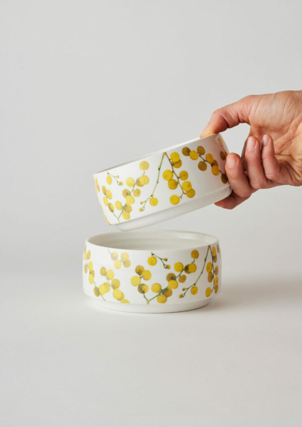 Sunny Day Stackable Bowl Set with Wattle Blossom – high-fired porcelain bowls.