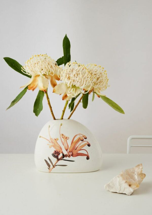 Angus & Celeste Macro Botanics Vase with Grevillea Apricot Charm print and speckled glaze, perfect for single stems.
