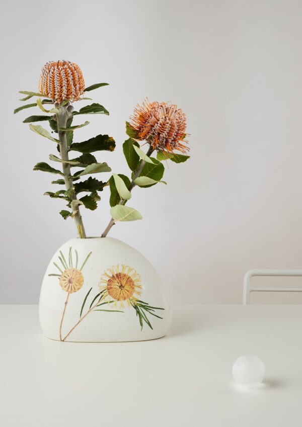 Angus & Celeste Macro Botanics Vase with Hairpin Banksia print and speckled glaze, perfect for single stems.