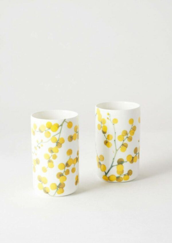 Angus & Celeste ceramic tumbler set – two porcelain cups with Wattle Blossom designs.