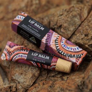 Macadamia Oil Lip Balm tube featuring Aboriginal artwork by Murdie Morris.