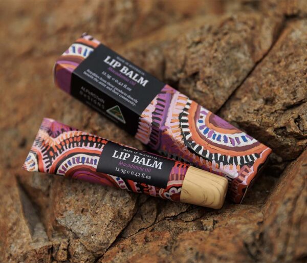 Macadamia Oil Lip Balm tube featuring Aboriginal artwork by Murdie Morris.
