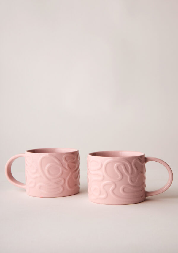 Angus & Celeste Tilde Mug Set – pair of 350 ml porcelain mugs with ribbon handles and tilde-line design - pink