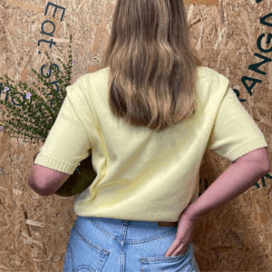 Model wearing Brood's Yellingbo T-shirt in organic cotton—relaxed fit, crew neckline, ethically made in the Yarra Valley.