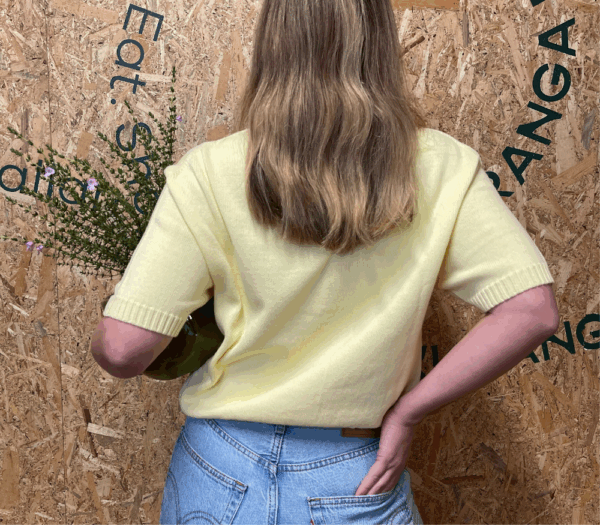 Model wearing Brood's Yellingbo T-shirt in organic cotton—relaxed fit, crew neckline, ethically made in the Yarra Valley.