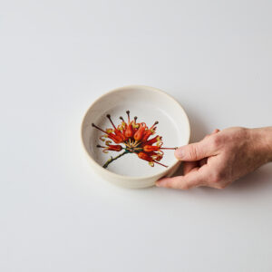Angus & Celeste Grevillea Blossom Side Bowl – 17 cm speckled-milky glaze with botanical grevillea print.