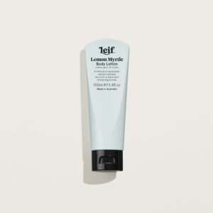 LEIF Lemon Myrtle Body Lotion in blue travel sized bottle with botanical lemon myrtle design.