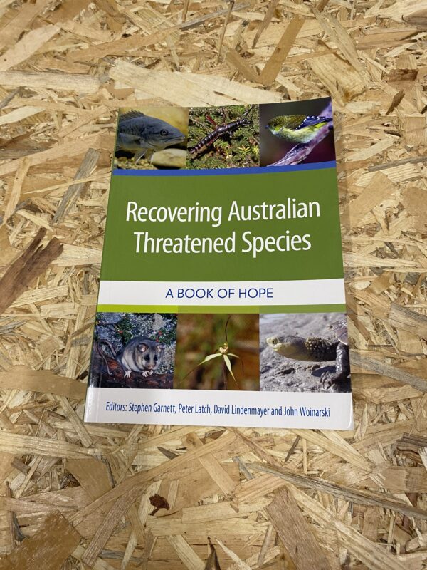 Cover of Recovering Australian Threatened Species: A Book of Hope featuring Australian wildlife silhouettes overlaid on a green and ochre-toned landscape, symbolising life, renewal, and the beauty of nature.