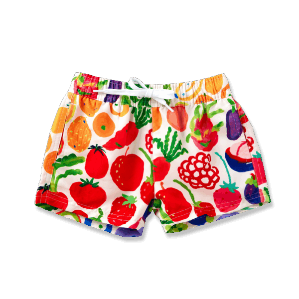 Halcyon Nights Kids Boardshorts in Eat The Rainbow print—colourful quick-dry shorts with elastic waist, drawcord, and Seeun Park’s vibrant artwork