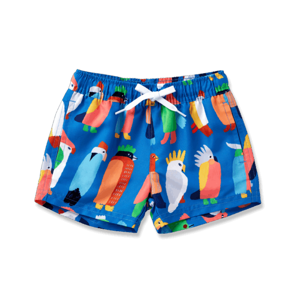 Halcyon Nights Kids Boardshorts in Flamin' Galahs print—lightweight swim shorts with pink galah design, side pockets, elastic waist, and drawcord