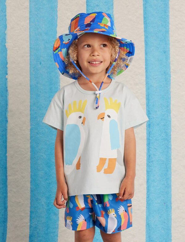 Halcyon Nights Kids Boardshorts in Flamin' Galahs print—lightweight swim shorts with pink galah design, side pockets, elastic waist, and drawcord