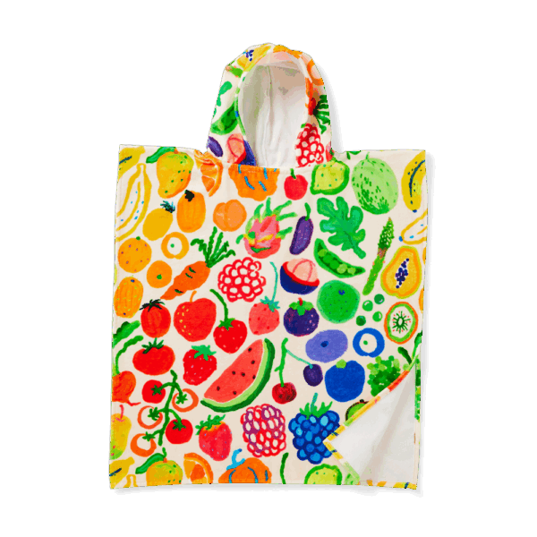 Halcyon Nights Kids Hooded Towel in Eat The Rainbow print—colourful poncho-style towel with hood, soft cotton fabric and Seeun Park artwork