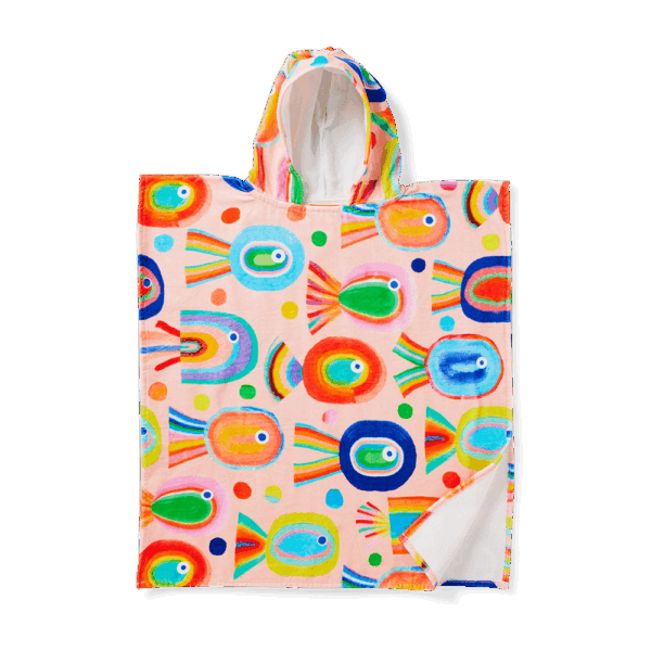 Halcyon Nights Kids Hooded Towel in Fancy Fins print—poncho-style cotton towel with hood, white underside, and colourful undersea design by Min Pin