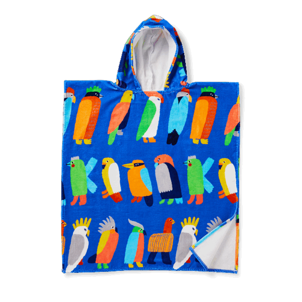 Halcyon Nights Kids Hooded Towel in Flamin' Galahs print—poncho-style cotton towel with hood, white underside, and colourful pink galahs by Min Pin