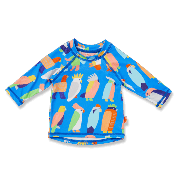 Halcyon Nights Long Sleeve Rash Vest in Flamin' Galahs print—baby swim top with pink galahs, full-length sleeves, and UPF 50+ recycled fabric
