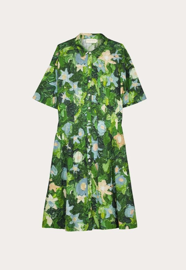 Nancybird Paloma Short Sleeve Dress in Garden print—A‑line cotton shirtdress with collared neckline, pintuck waist detail and Emily Wright’s green botanical artwork