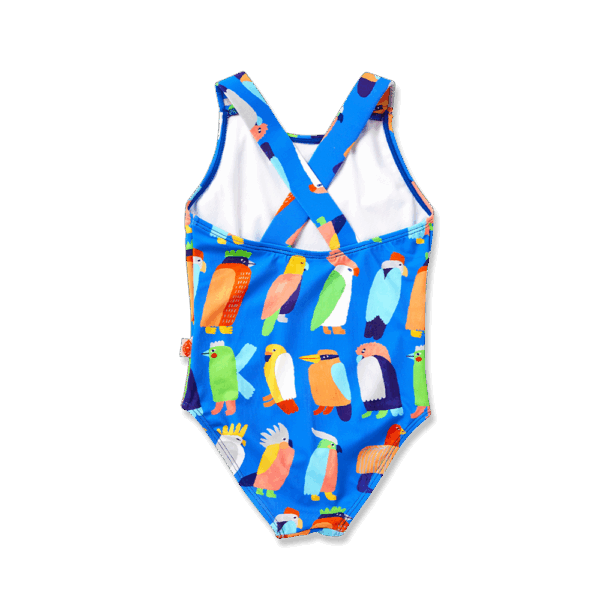 Flatlay Back View Halcyon Nights Elastic Strap Bather in Flamin’ Galahs print—one-piece swimsuit with playful pink galahs and colourful elastic straps for kids