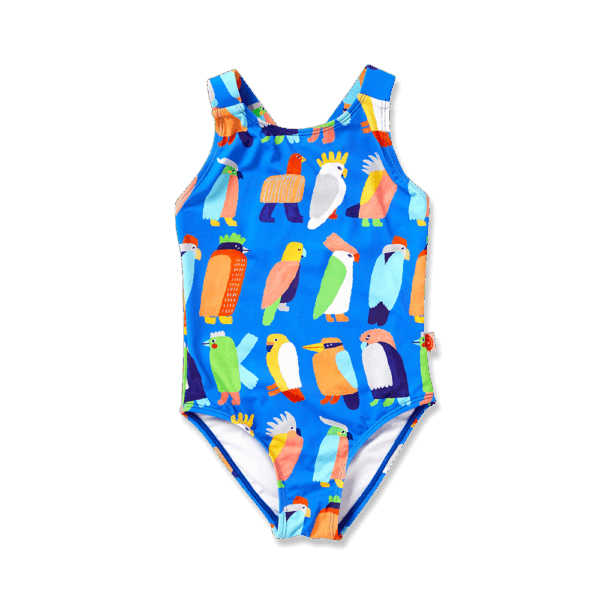 Flatlay Front View Halcyon Nights Elastic Strap Bather in Flamin’ Galahs print—one-piece swimsuit with playful pink galahs and colourful elastic straps for kids