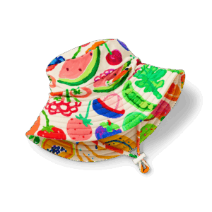 Halcyon Nights Swim Bucket Hat in Eat The Rainbow print—baby swim hat with wide brim, chin ties, adjustable fit and UPF 50+ protection